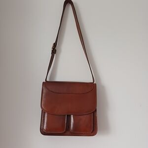 Vintage Cognac Genuine Saddle Leather Shoulder Bag | Minimalist Retro Satchel